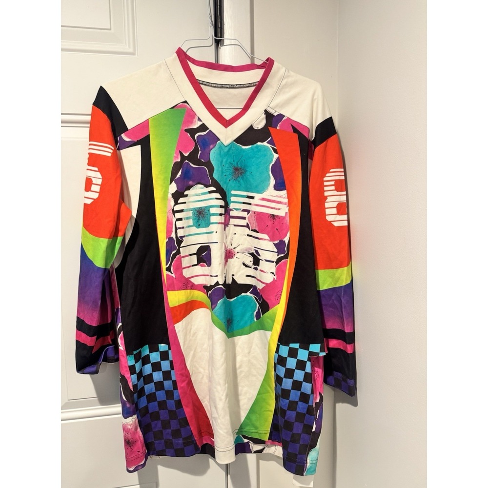 Bruce Glen Women's Mini Jersey Dress Floral Colorful Abstract LS Vneck M Cotton